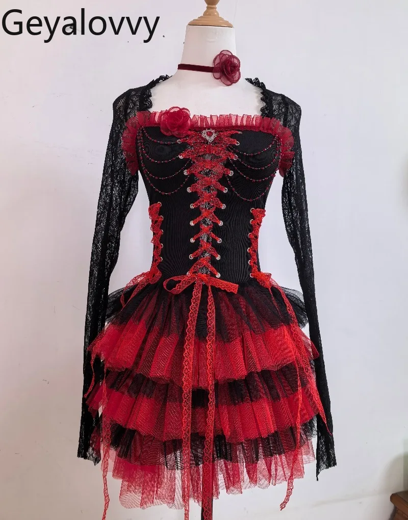 

European and American Gothic Y2K Hot Girl Sexy Black Red Lace Long Sleeve High Waist Slim Dress Beaded Mesh Puffy Short Dress