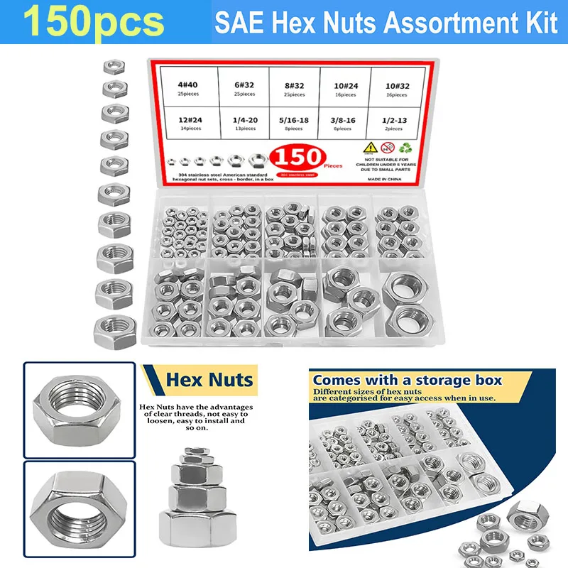 

SAE Hex Nuts Assortment Kit 150pcs Set Stainless Ste 4#40 6#32 8#32 10#24 10#32 12#24 1/4-20 5/16-18 3/8-16 1/2-13