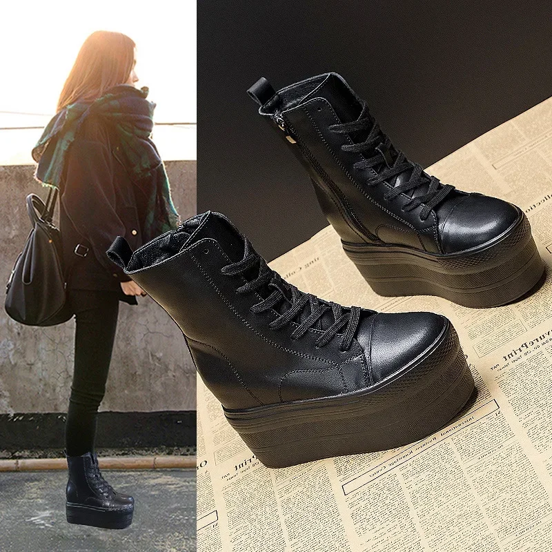 Fujin Genuine Leather 10cm Super Thick Sole Platform Wedge Hidden Heel Boots Shoes Zipper Winter Boots Ankle Warm Booties 2024