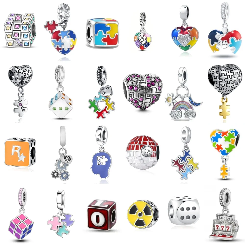 Nova moda 925 prata encantos cubo jogo dados grânulo jigsaw pingente caber pulseira original jóias femininas diy fazendo acessórios de presente