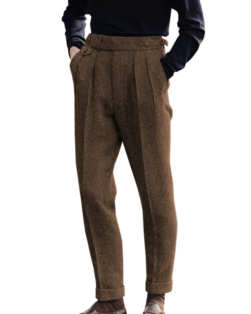 New Men Herringbone Pattern Trousers Retro Wool Tweed Straight Suit Pants Male Business Office Formal Long Pants With Pocket