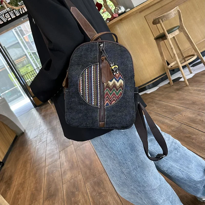 Chikage Vintage Denim Features Ethnic Style Leisure Backpack Embroidered Jacquard Multi-layer Backpack Large Capacity Travel Bag