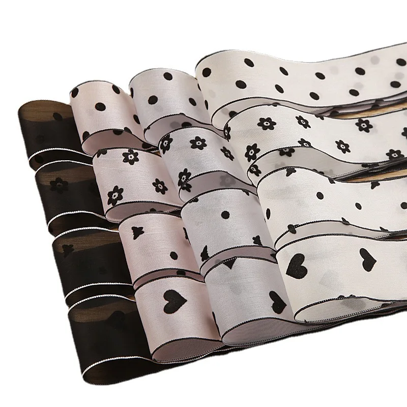 20 Yards 25MM 40MM Snow Yarn Dots Heart Hutterfly Flowers Ribbon Black White BeigeHair Bows DIY Crafts Handmade Accessories