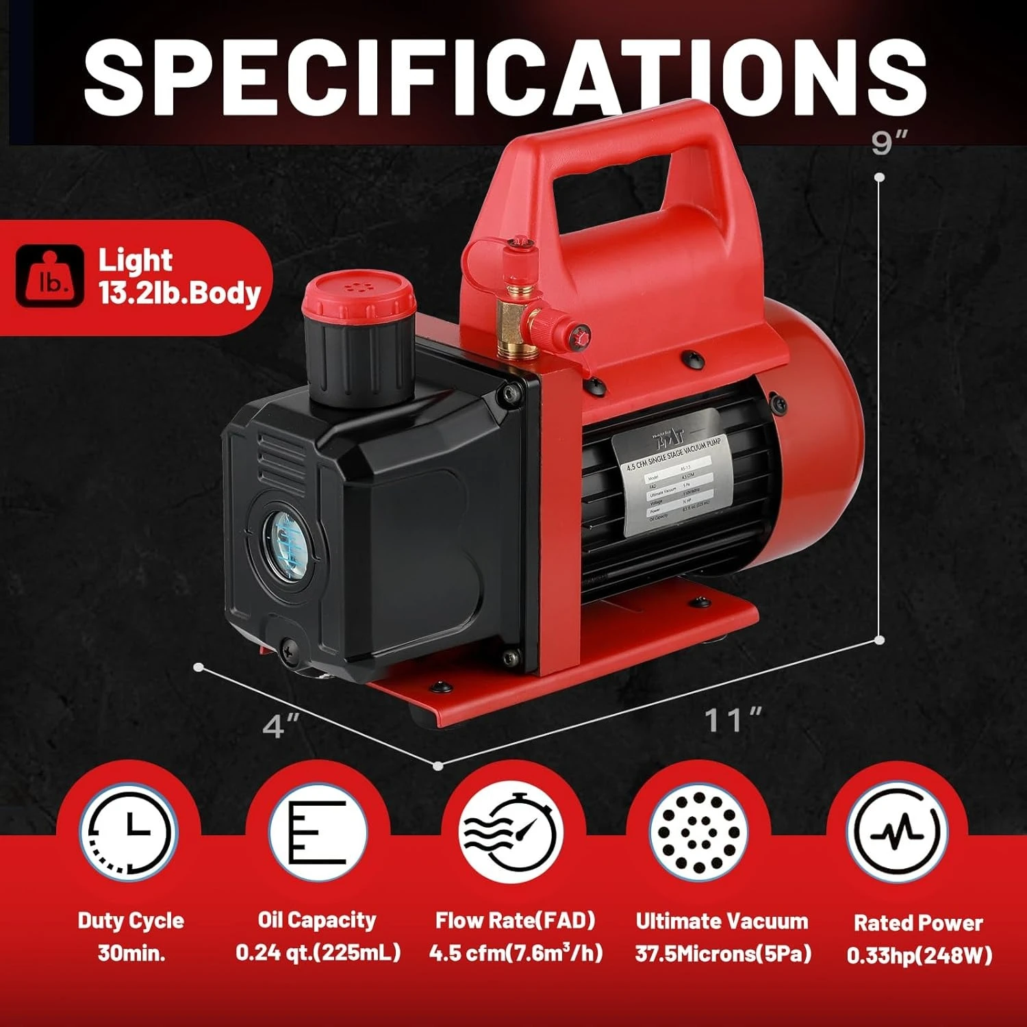 

4.5CFM 1/3HP Single-stage Vacuum Pump, 110V/60Hz Rotary Vane Vacuum Pump for HVAC Systems, Autmotive and Air Conditioning