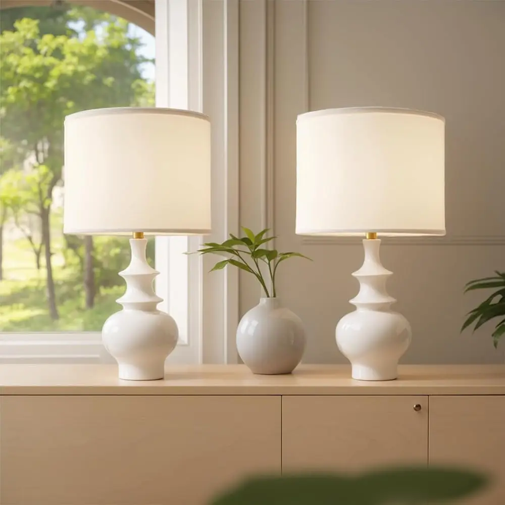 

20"" Modern Ceramic Table Lamps Set Of 2, White Bedroom Lamps For Night Stands, Farmhouse Bedside Lamps For Bedroom Living