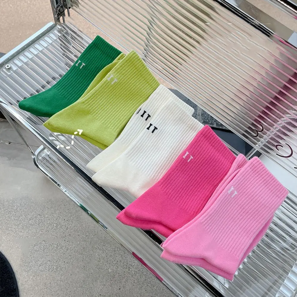

Дышащие красочные розовые носки, однотонные носки с буквами и буквами, носки средней длины, хлопковые носки до середины икры, спортивные