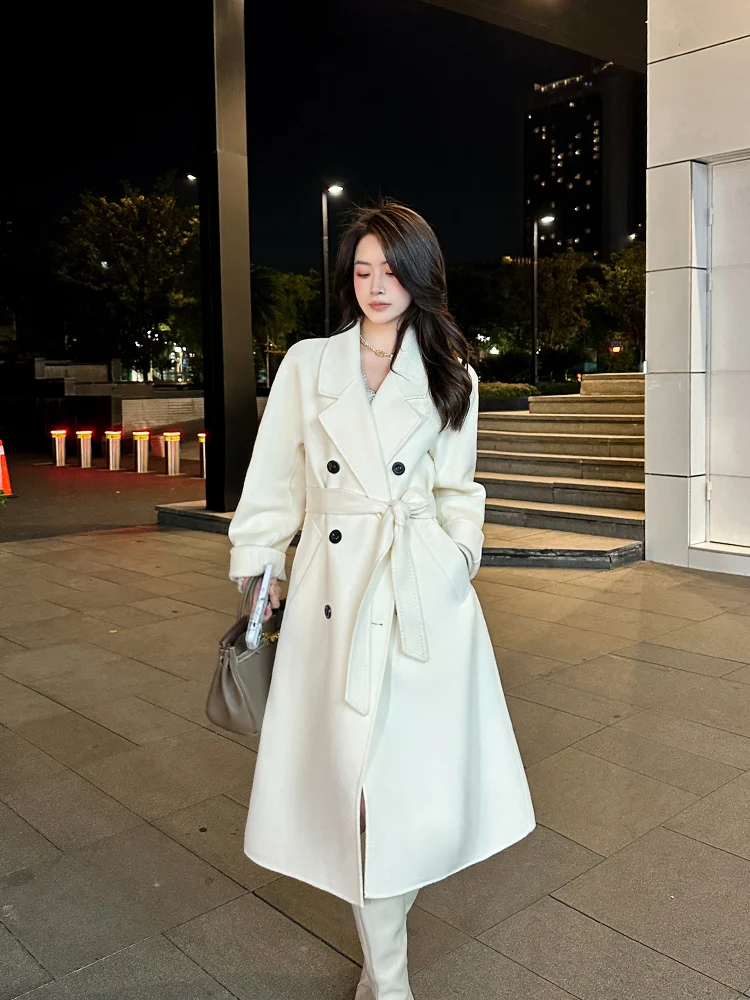 

Ele Double-Faced Camere Coat Women's Winter Slimming Woolen Outerwear Beige Color High-End Feel Korean Sle Long Sve