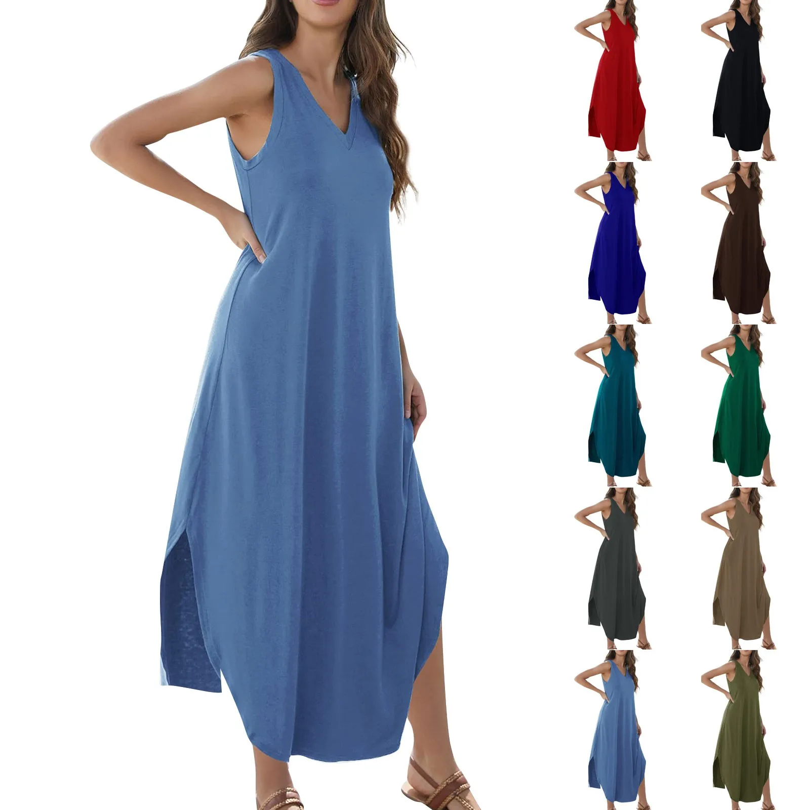 Women'S 2024 Summer New Dress Casual Loose Sundress Long Dress Solid Color Sleeveless V Neck Loose Split Tank Maxi Dresses