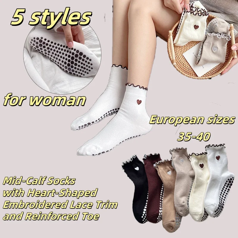 

Европейские размеры 35–40, 1/2/5 пар женских носков до середины икры с кружевной отделкой в форме сердца и усиленным носком