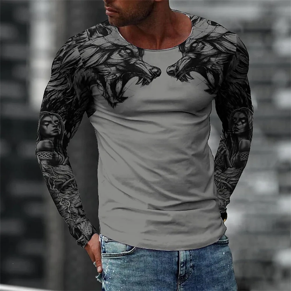 New Men T Shirt 3d Wolf Print O Neck Long Sleeve Tops Oversized Vintage Clothes Male Gothic Hip Hop Street Man T-shirts