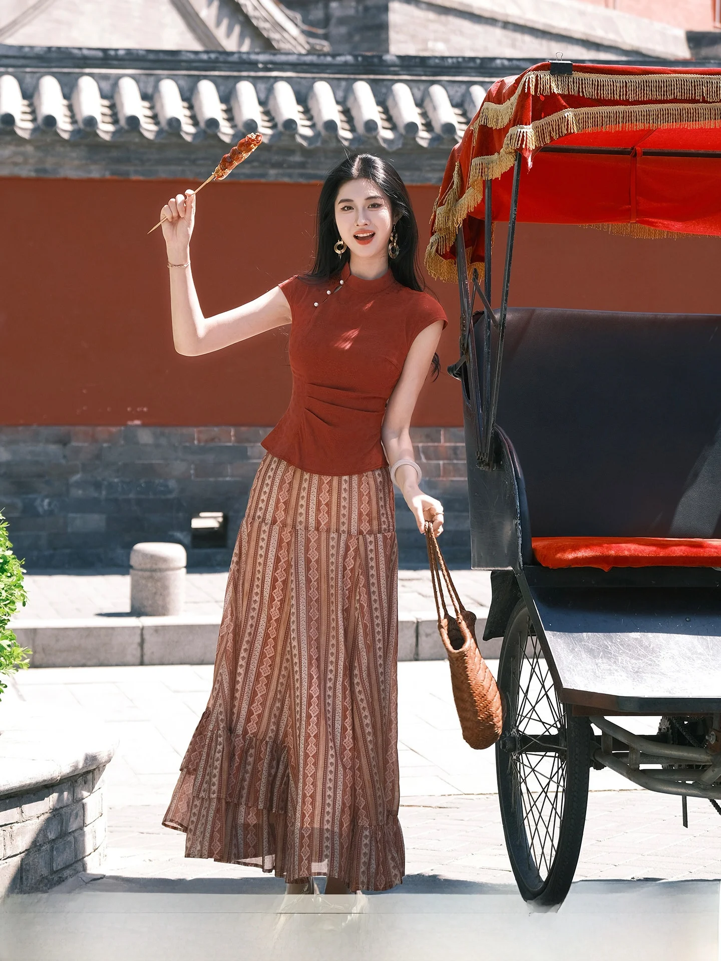 

Red Floral Embroidery Top And Stripe Halter Skirt Set Women's Traditional Chinese Style Summer Fashion Set High Waist Midi Skirt