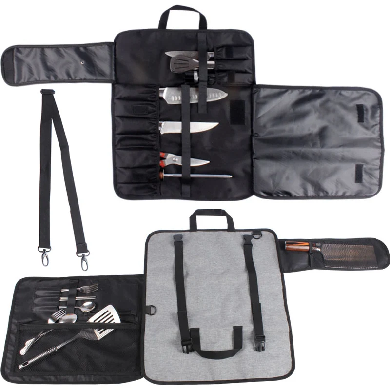 16 Slot Chef Knife Roll Bag Foldable Professional Portable Picnic Party Kitchen Knife Storage Pocket Outdoor Black Carrying Case