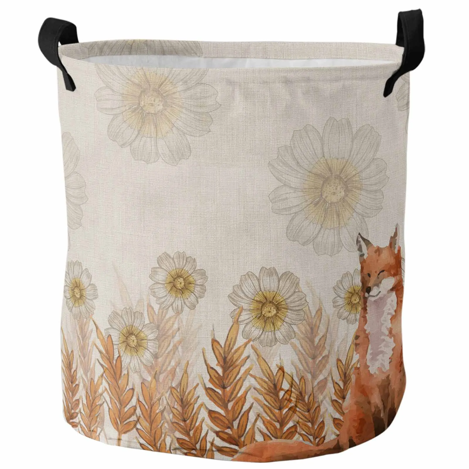 Wheat Ear, Daisy, Fox Laundry Basket Portable Foldable Household Laundry Storage Bag Oxford Cloth Dirty Clothes Basket