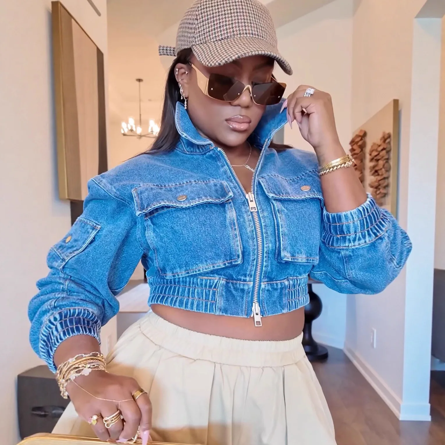 Women's Casual Denim Jacket Autumn Street Style Three-Dimensional Workwear Short Top with Pockets