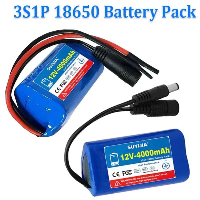 11.1V/12V 18650 Battery 4000mAh 3S1P Li-ion Rechargeable Batteries with BMS Lithium Cells Protection Board +12.6V 1A Charger