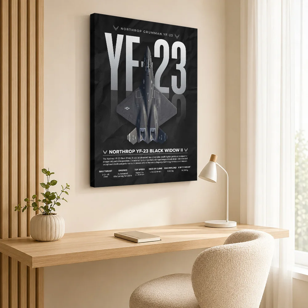 YF-23 Black Widow II Aircraft Wood Framed Canvas Print Personalized Photo Annotated Technical Linework Wall Art For Workshop