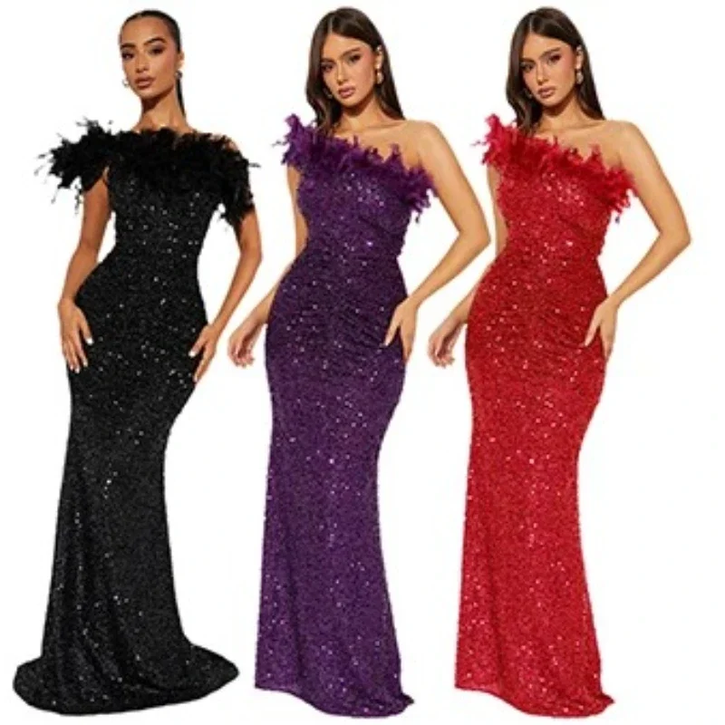 

New Luxury Sequined Feather One Shoulder Sleeveless Slanted Collar Backless Purple Long Dress Women Birthday Party Event Gowns