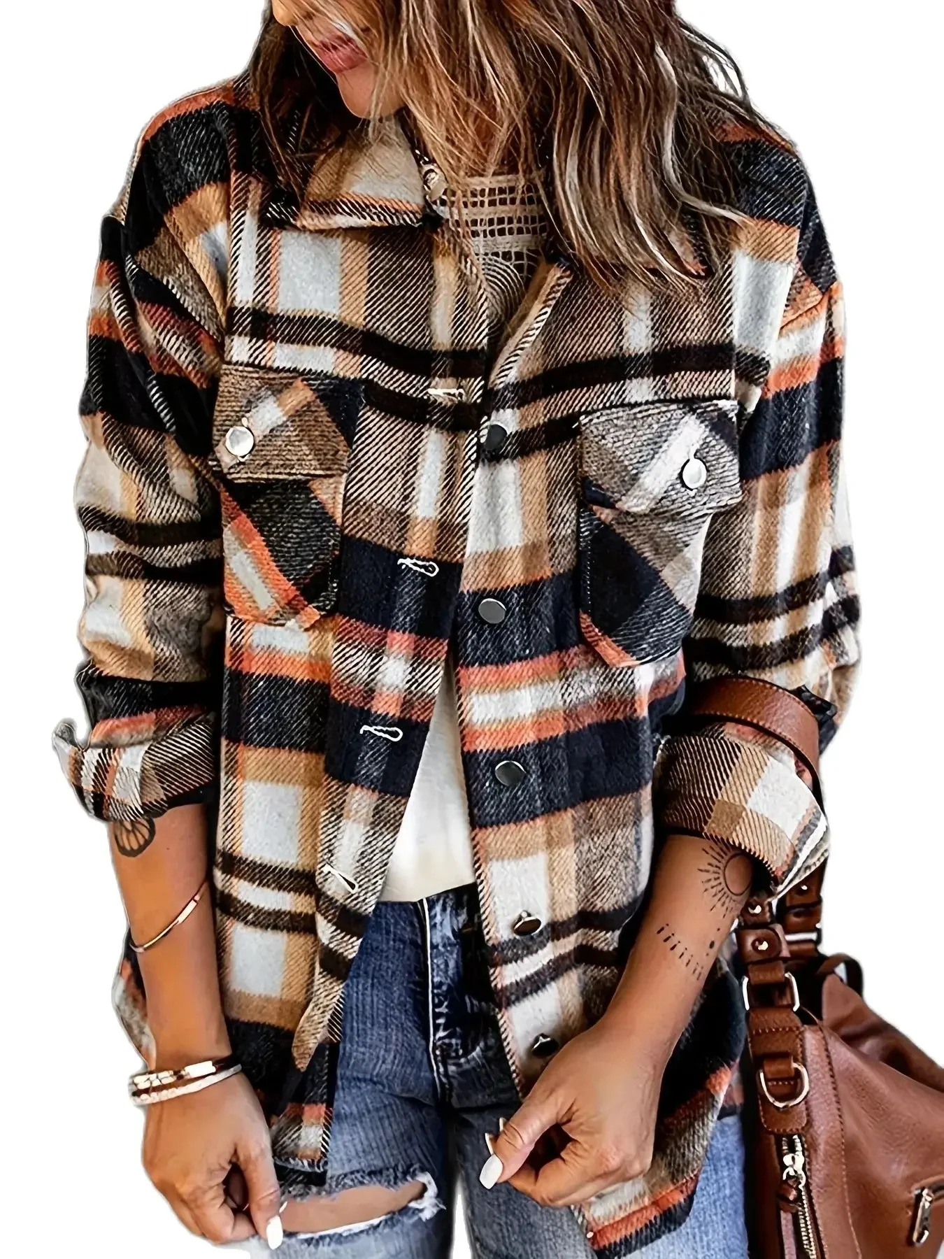 Plaid Print Button Front Jacket Long Sleeve Flap Pockets Shacket For Fall & Spring Women's Clothing