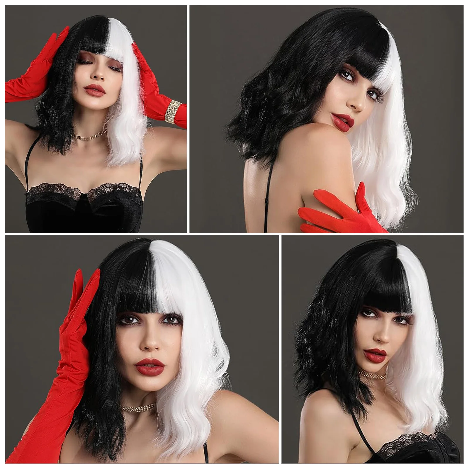 Synthetic Black and White Cruella Wig for Women Deville Costume Wig Short Wavy Wig Natural Cute Wigs for Party(Black and White)