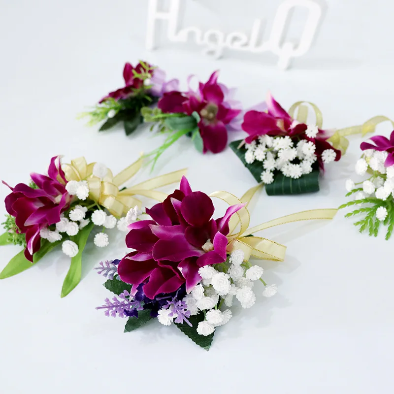 ดอกกล้วยไม้สีม่วงแต่งงาน Corsages และ Boutonnieres สำหรับ Bridesmaids Corsage ปลอมงานแต่งงานเจ้าบ่าว Boutonniere Buttonhole ดอกไม้