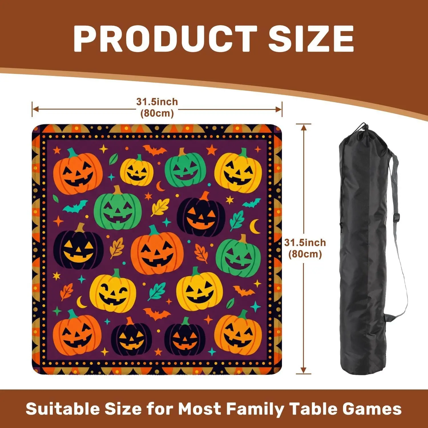 Mahjong Mat with Carrying Bag 31.5x31.5 Playful Halloween Colorful Lanterns Festive Details Non‑slip Noise‑reducing Pad for Mahj