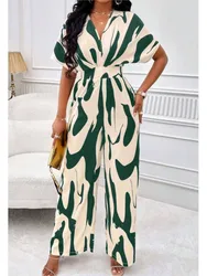 Fashion Wide Leg Jumpsuit Woman 2024 Summer Elegant Short Sleeved High Waist V-neck Full Body Printed Bat Sleeve Jump Suits