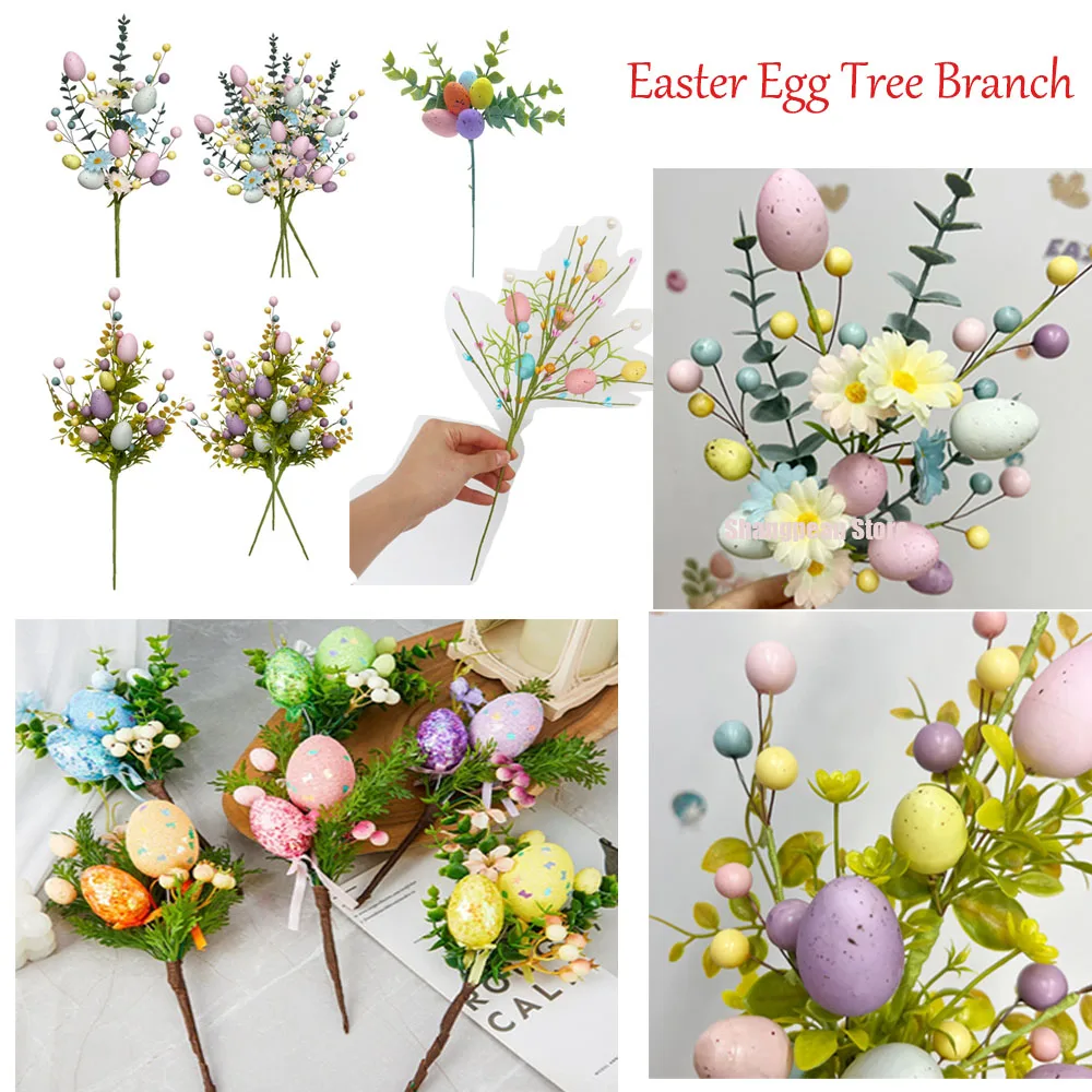 Artificial Egg Pearl Flower Branch Easter Decoration Colorful Foam Eggs Branches DIY Bouquets for Easter Party Home Decors