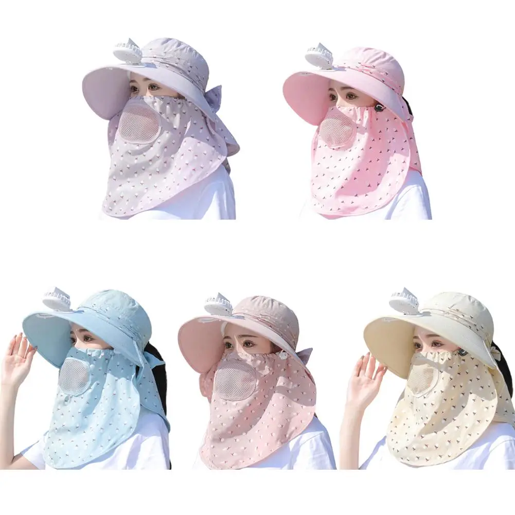 Summer Sunblock Hat Overhead Fan Women UV Protection Sunshade Full Face Mask Beach Tea Picking Cycling Breathable Sunshade Cap