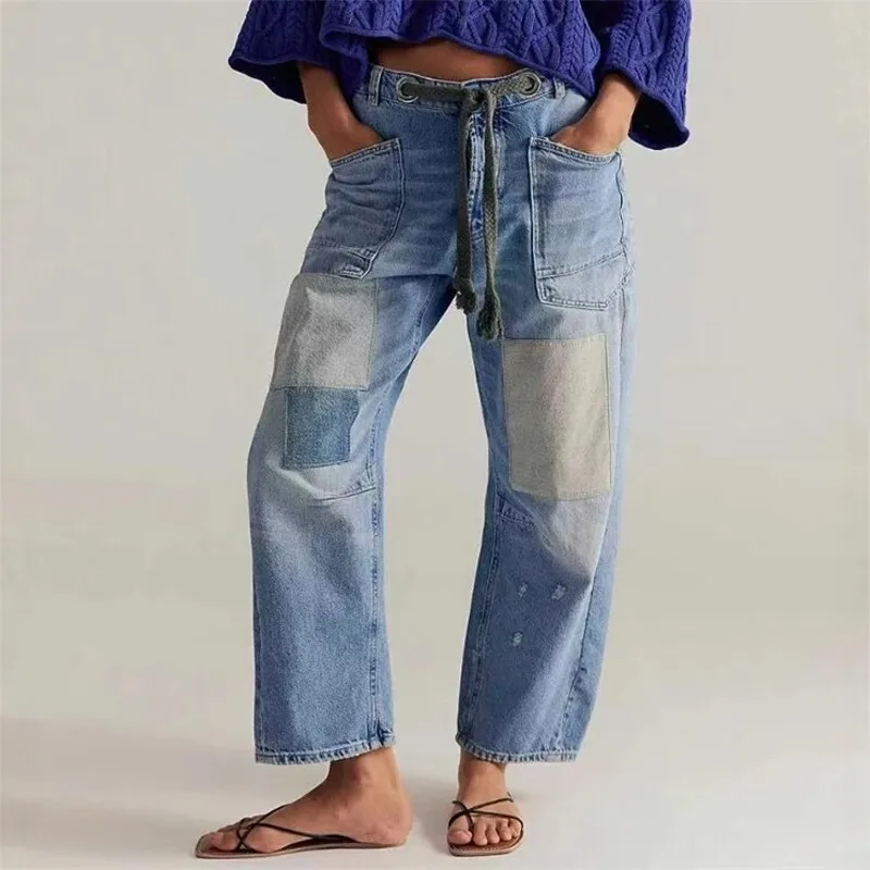 

Loose Straight Leg Casual Jeans Denim Pants Women's Comfortable Loose Fit Natural Waist Cord Drawstring European Style