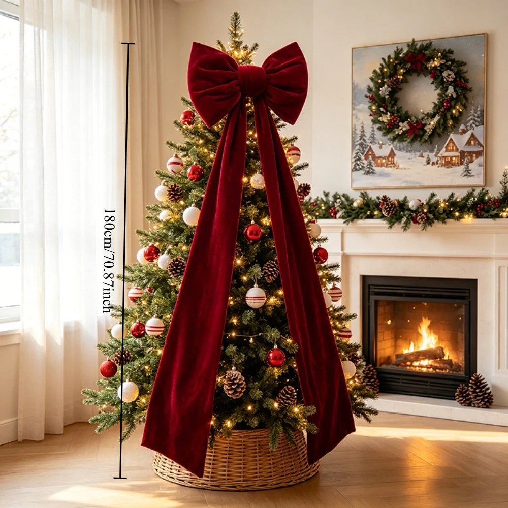 Extra-large wine red bow tie. Suitable for decorating on the top of a Christmas tree. Christmas atmosphere decoration.