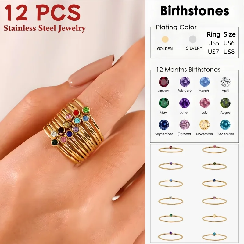 14K Gold Plated Stainless Steel Birthstone Ring for Women Tiny Thin Stacking Ring Colorful Zircon Crystal Aesthetic Jewelry Gift