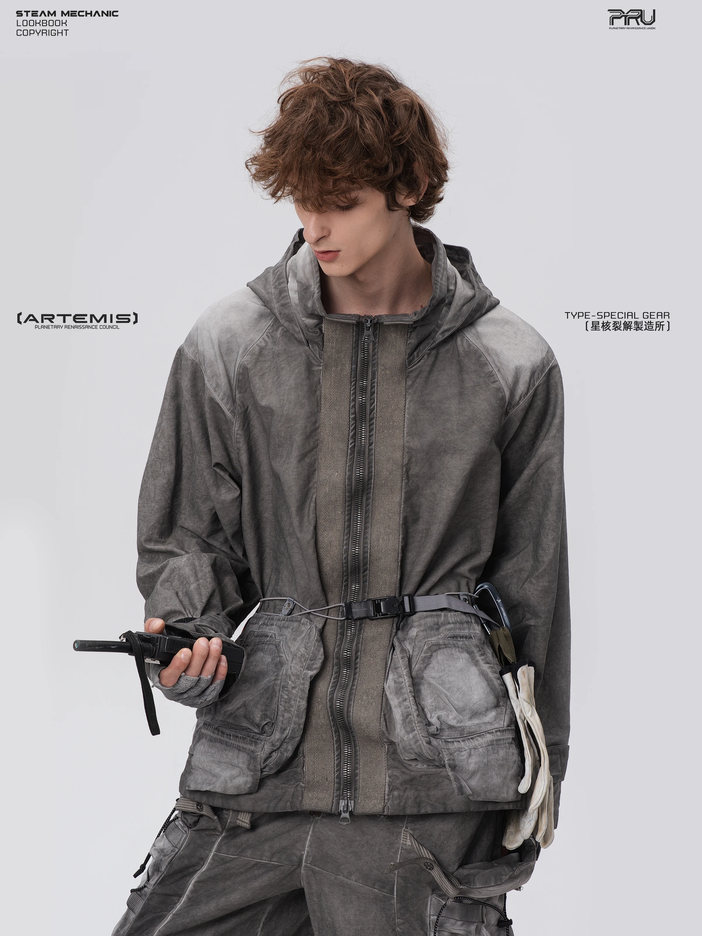 STEAM 25AW Techwear Workwear Darkwear Dirty Washed 2-way zipper jacket function Wasteland Punk cyberpunk