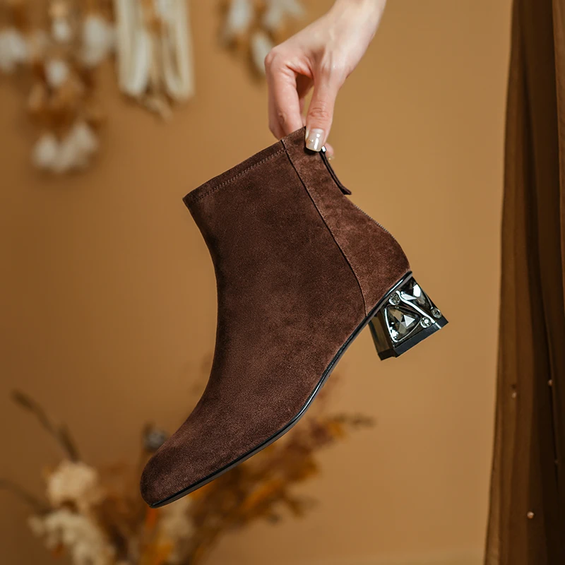 Women's Suede Booties with Decorative Silver Heel & Crystal Accents Square Toe Rear Zipper Block Heel Elegant Design 2024