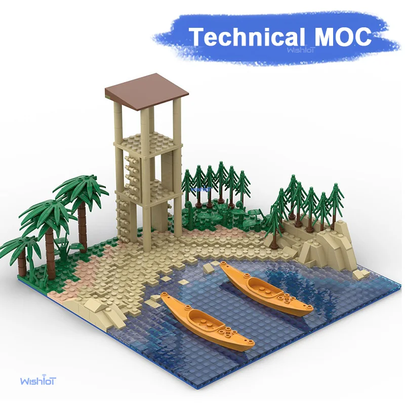979Pcs Building Blocks MOC Tropical Island Beach Coastline Observation Tower Palm Trees DIY Construction Scenery Model Toy