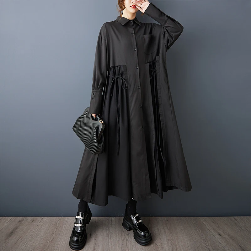 Loose Fit Long Sleeve Shirt Dress Dark Style Asymmetrical Waist High Polyester Fiber Summer Casual High Waist Long Skirt 2