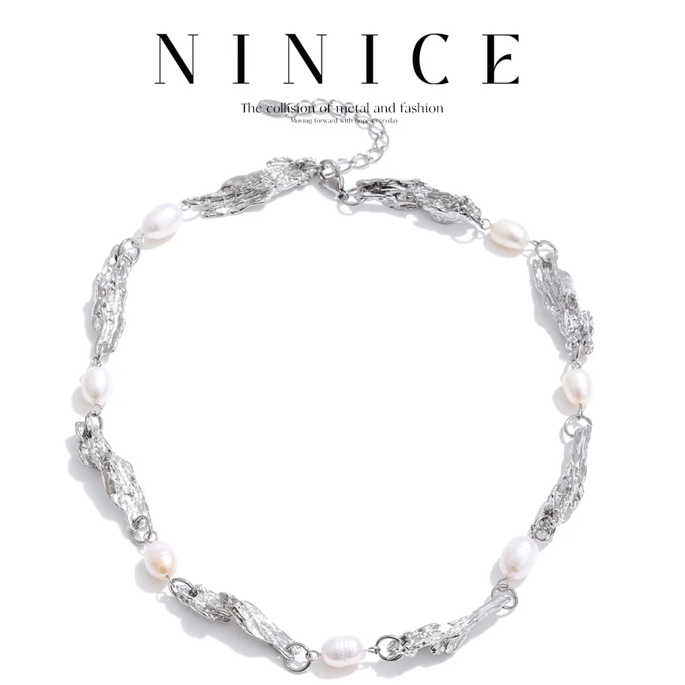 NiNice Stainless Steel Natural Pearl Lava Effect Chain Necklace for Women New Handmade Trending Collar Jewelry Gift