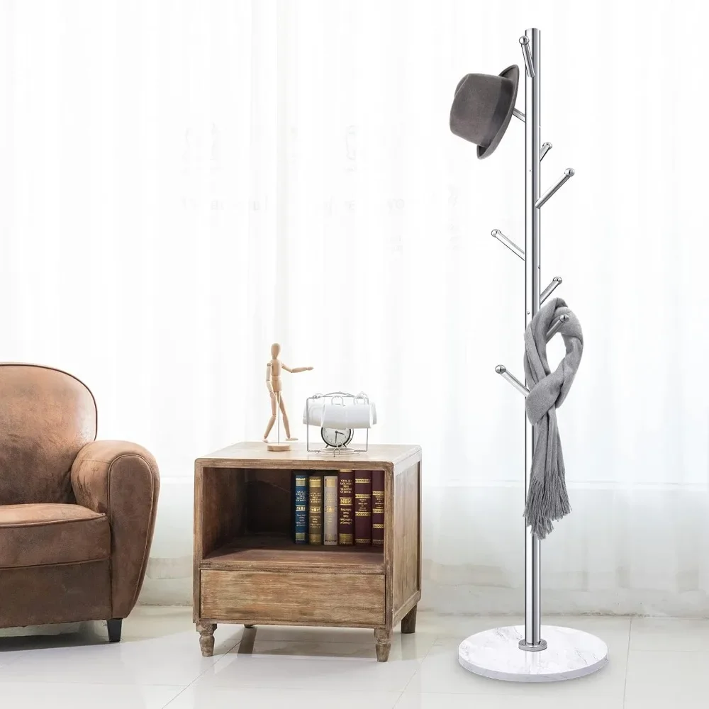 Metal Coat Rack Stand with Natural Marble Base, Stainless Steel Freestanding with 8 Hooks, Hall Tree (Silver)