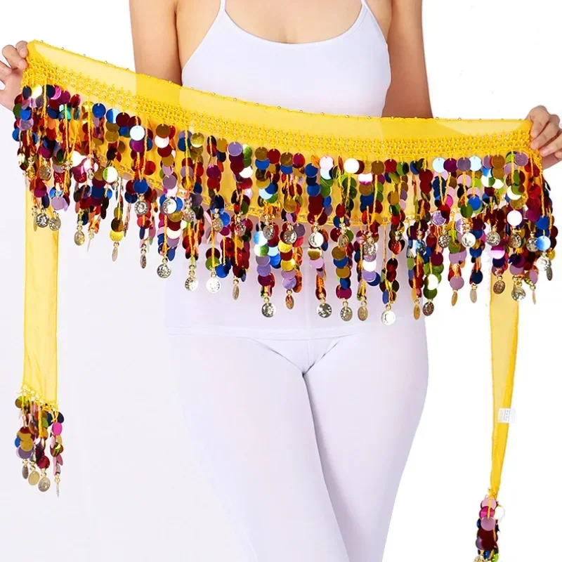 

Belly Dance Sequined Waist Chain Copper Coin Tassel Belts Indian Dance Performance Clothing Accessories Sequins Waist Scarf