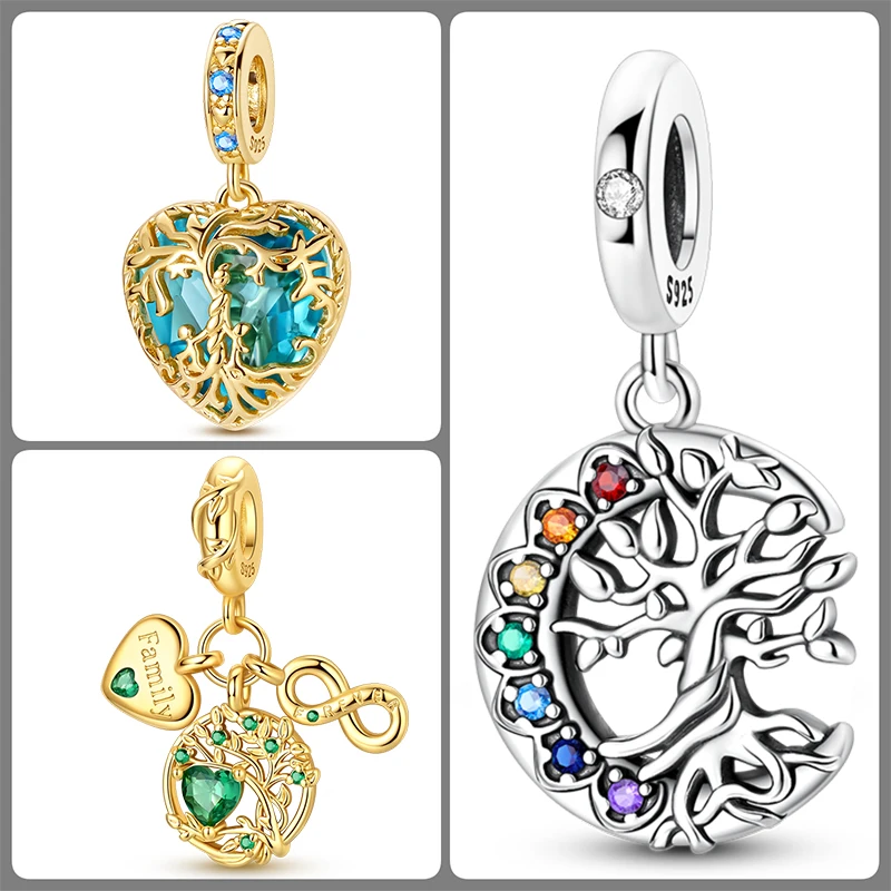 3-teiliges 925 Sterling Silber Lebensbaum-Charm-Set Familienbaum Herz Mond Sonne Schmetterling DIY Original Armband Halskette für Frauen – Detail 13