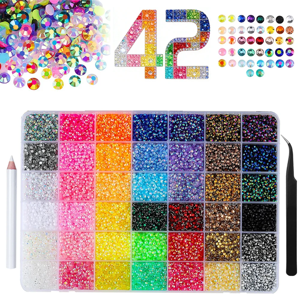 

23800PCS containing 42 color resin jelly rhinestones, 3mm flat bottomed sparkling gemstones for nail art, equipped with tweezers