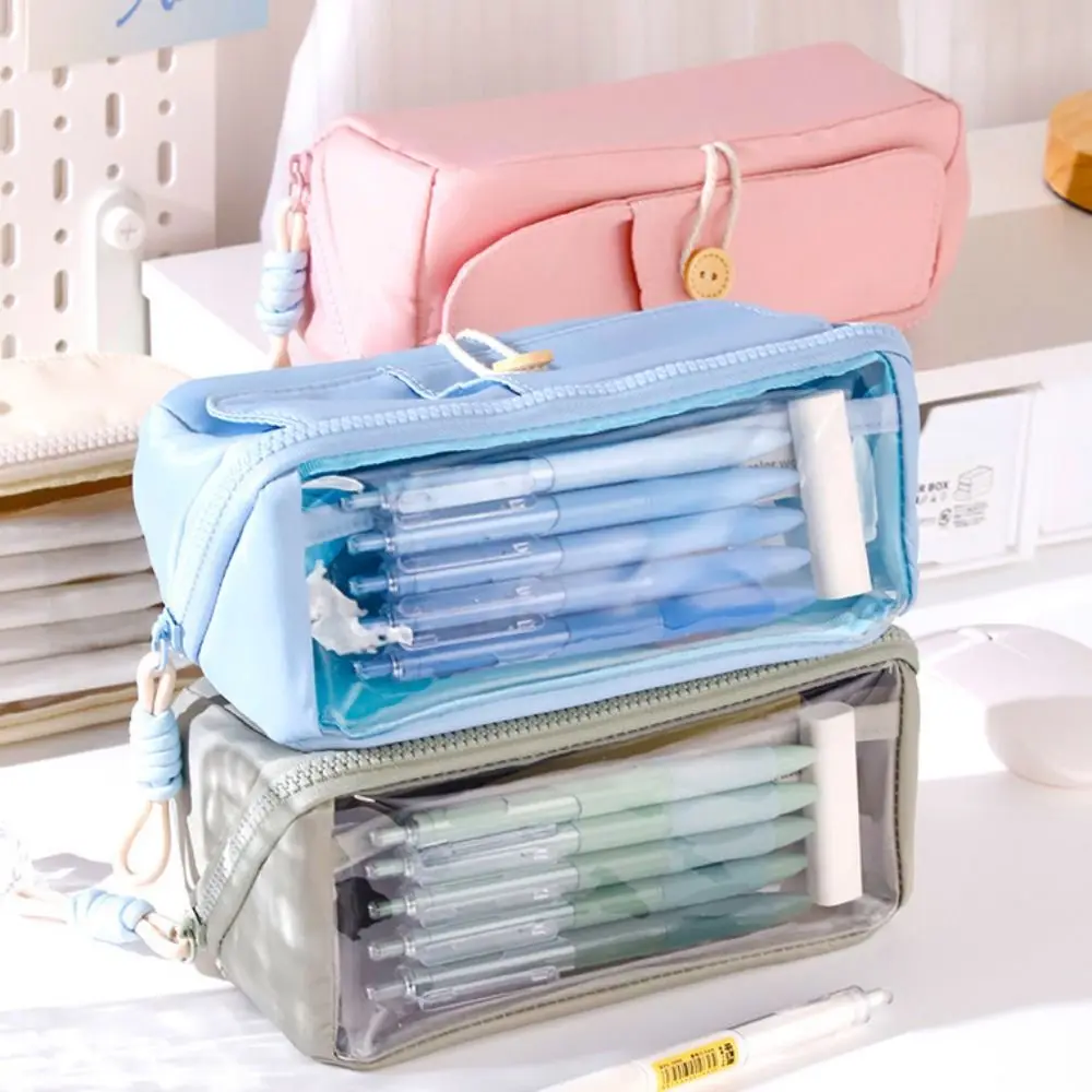 Large Capacity Large Capacity Pencil Case Transparent Outer Layer Multi-layer Stationery Pen Case Mesh Bag Oxford