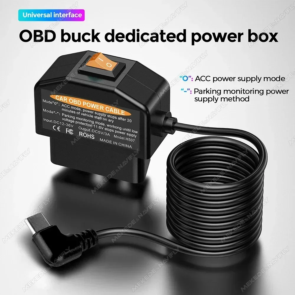 OBD Power Cable for Universal Car Interface Plug and Play with Switch for Dash Cam Camcorder Vehicle DVR Mini Micro Type-C Port