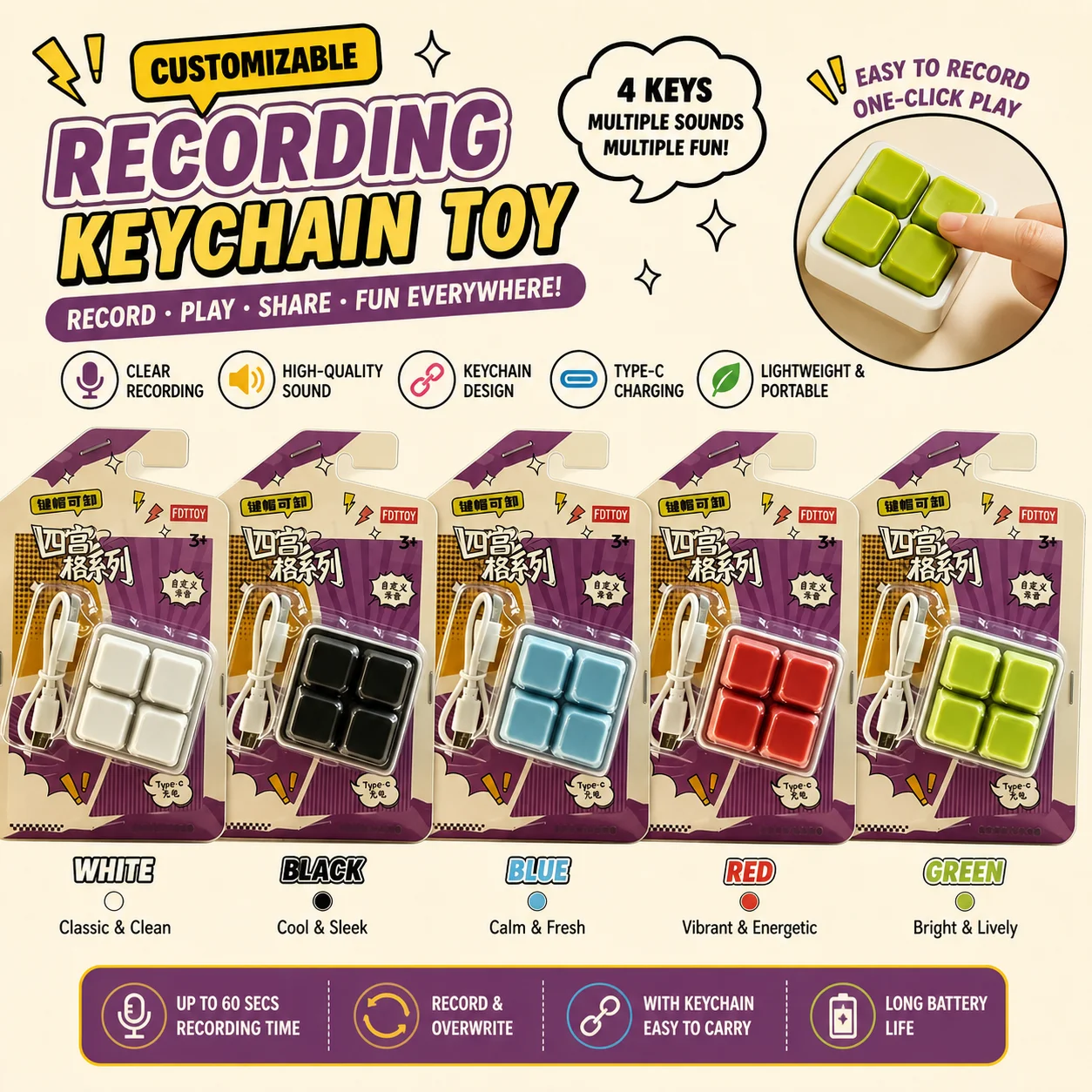 Funny Four-Key Recording Keychain Toy Customizable Recording Creative Prank 4 Buttons Sound Playback Toy Stress Relief Key Ring