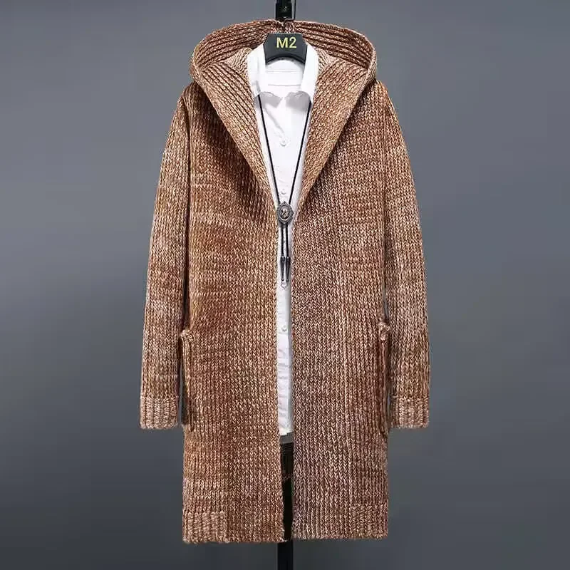 Fashion  Men's Casual Trendy Long Sleeve Thicken Hooded Knitted Long Coats Male Sweater Cardigan Clothes Tops