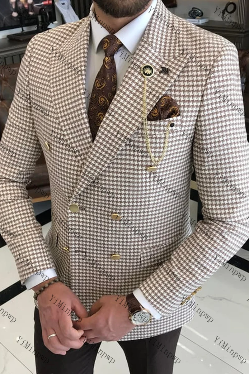 YiMinpwp Abito a righe da uomo marrone 2 pezzi con risvolto con visiera pied de poule Abito da festa doppio petto Abbigliamento formale da uomo per matrimonio