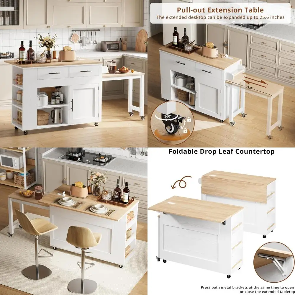 

Катящийся кухонный остров с выдвижным листом, ящиками для хранения и встроенной розеткой