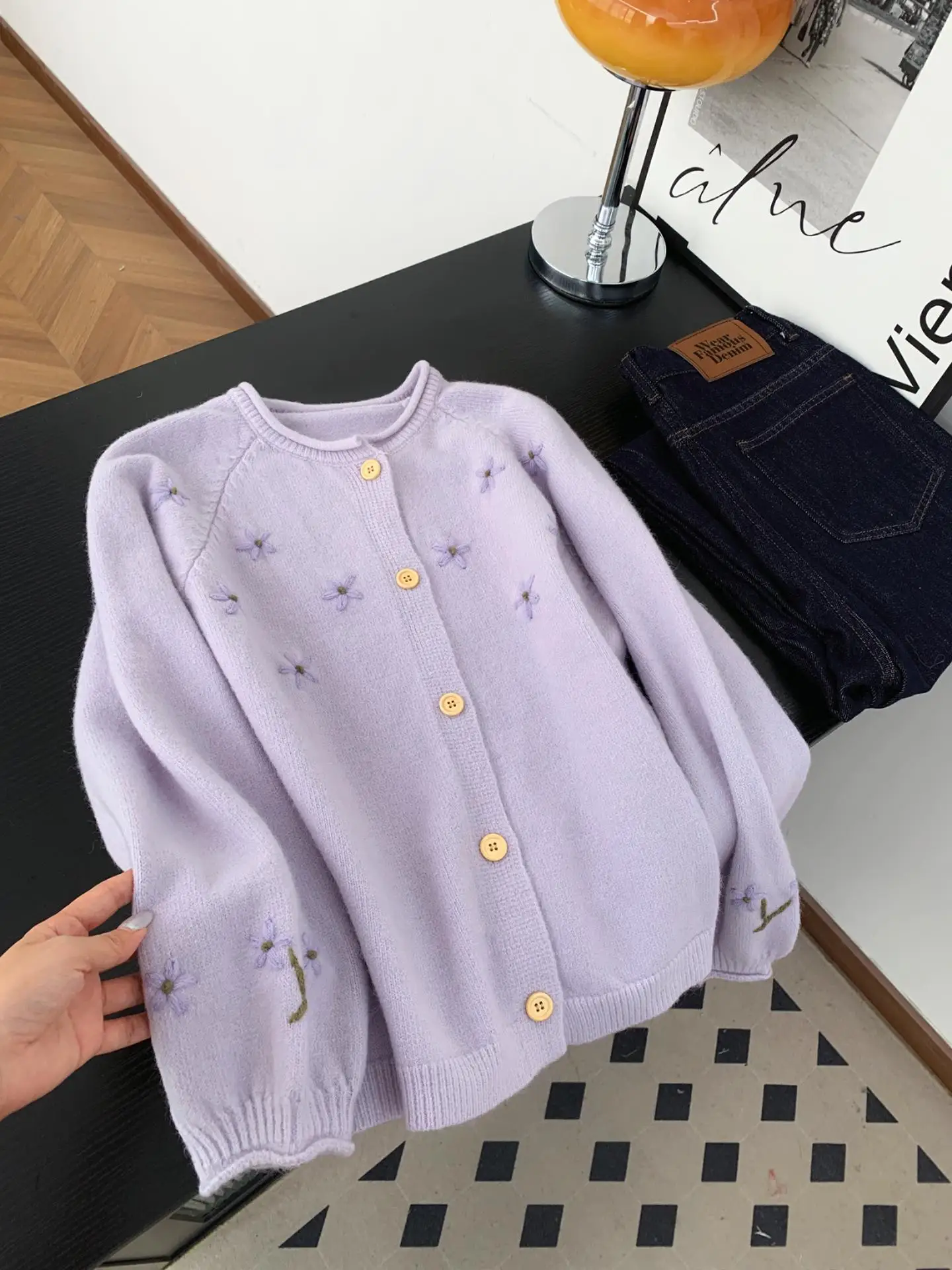 سترة نسائية محبوكة فضفاضة من Sweet Sle سترة مطرزة بالزهور الأرجوانية اللطيفة للخريف والشتاء