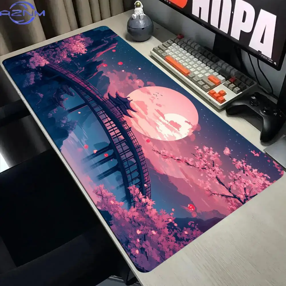 Japanese Cherry Blossom Full Moon Bridge Large Gaming Mouse Pad Non Slip Rubber Anime Sakura Night Landscape Oriental  Mousepads