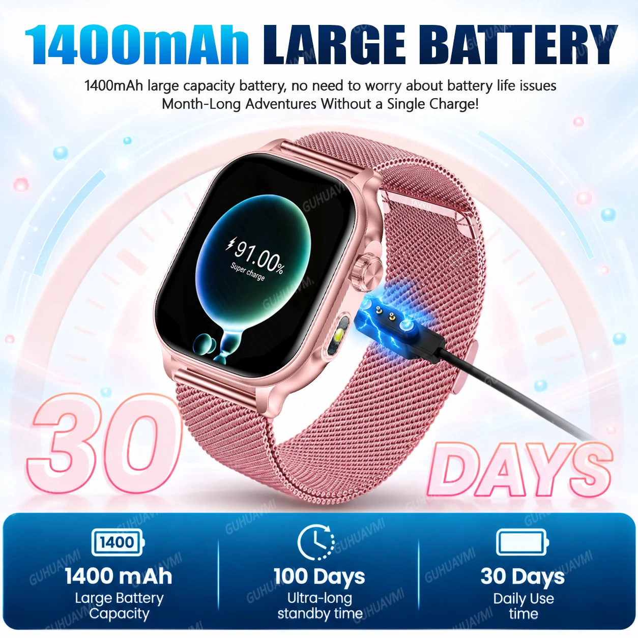New Upgrade Fashion Women Watch 1400mAh Battery 2.01“AMOLDE Full Touch 100+Sports mode IP68 Waterproof LED Flashlight Smartwatch