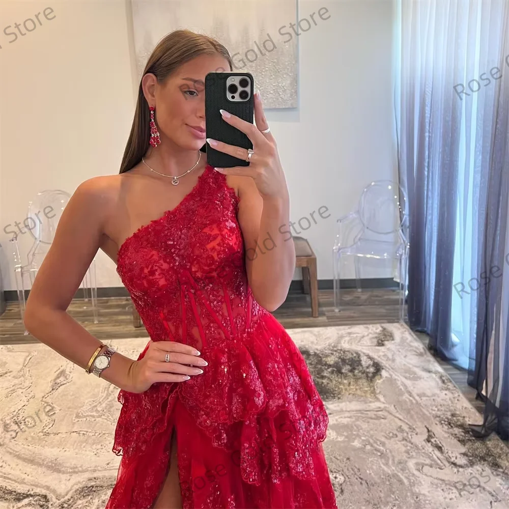 Wine Red Prom Dresses Classic Lace Sequins Evening Dress Sleeveless One Shoulder Side Split Party vestidos de Fiesta Customized